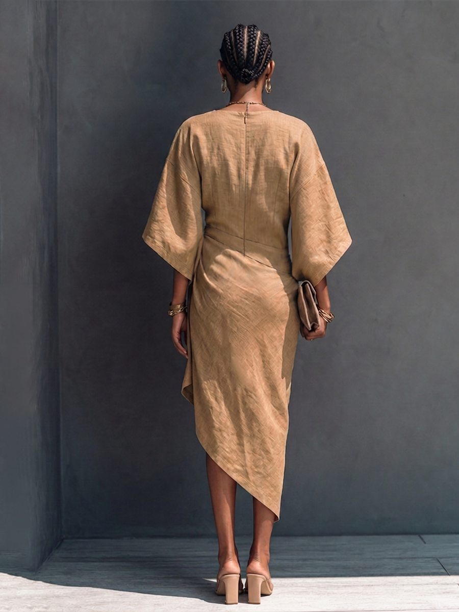 Women's Modern Minimalist Khaki Linen Blend Draped Asymmetric Short Sleeve Midi Dress MDZ0344G8GMJ