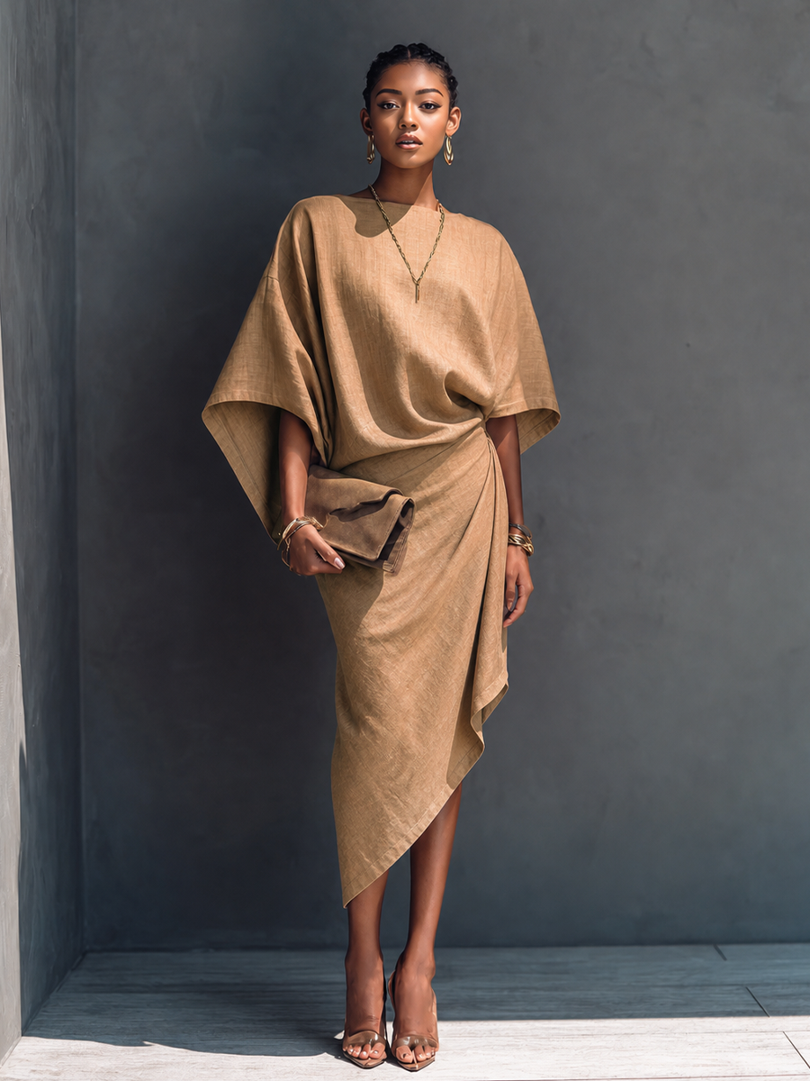 Women's Modern Minimalist Khaki Linen Blend Draped Asymmetric Short Sleeve Midi Dress MDZ0344G8GMJ