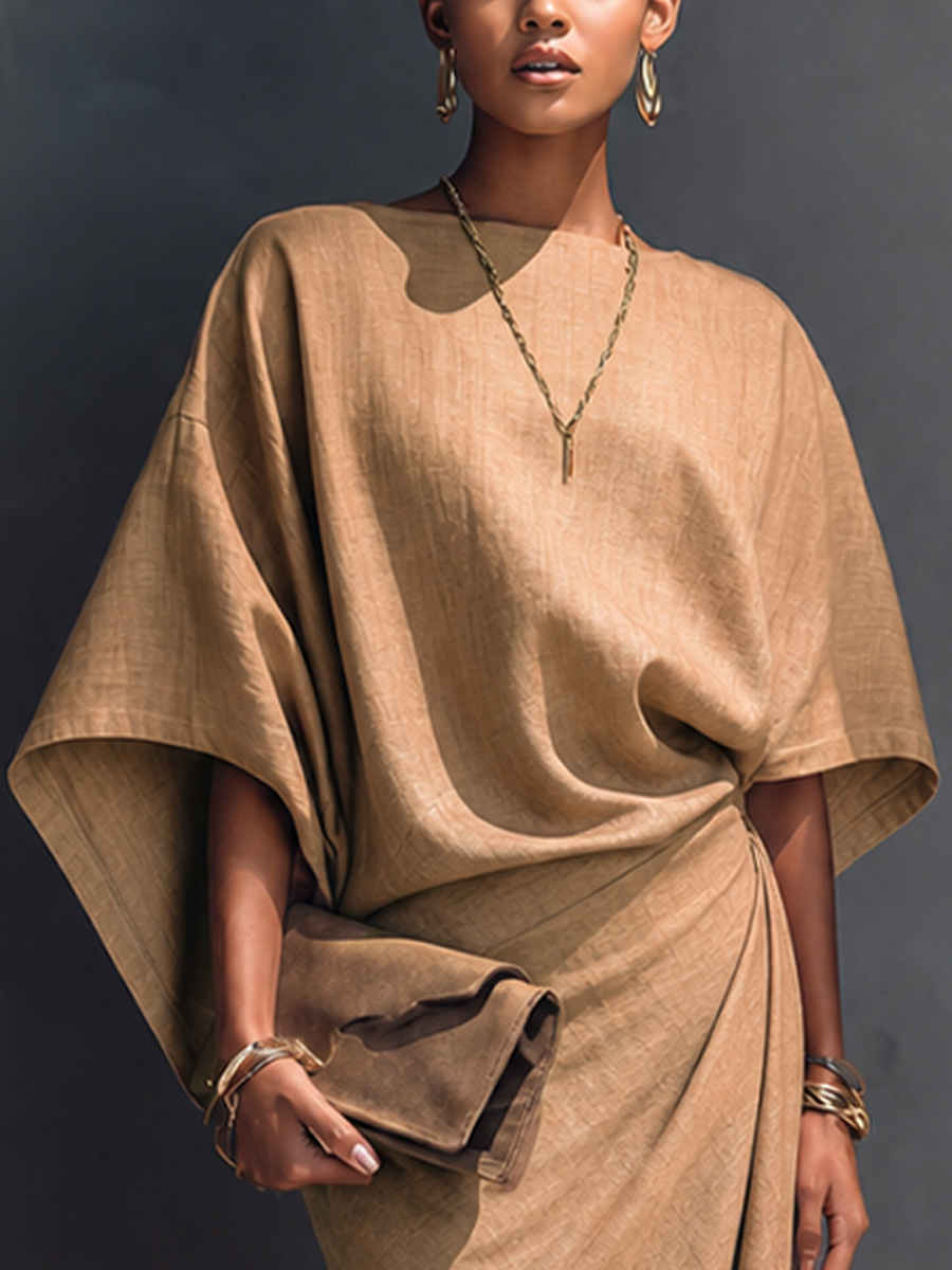 Women's Modern Minimalist Khaki Linen Blend Draped Asymmetric Short Sleeve Midi Dress MDZ0344G8GMJ