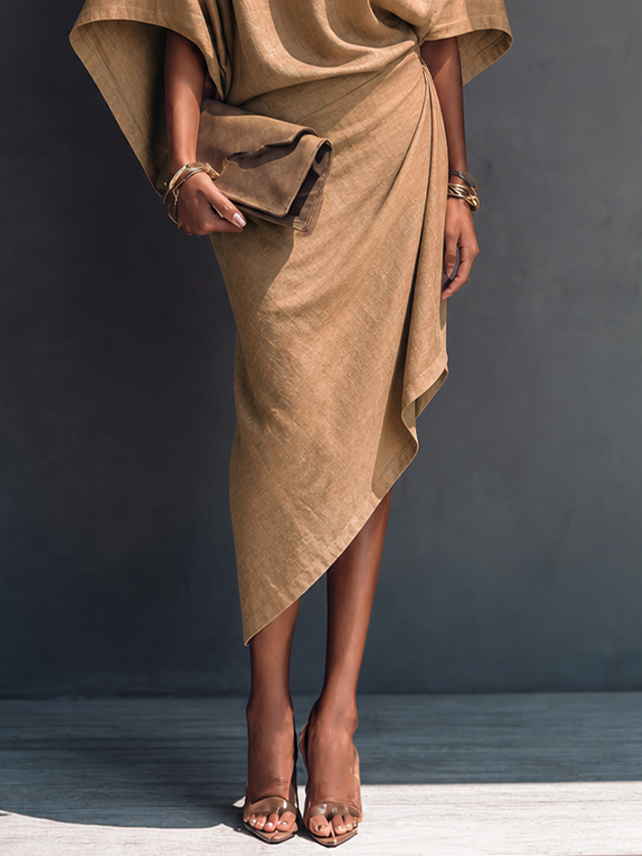 Women's Modern Minimalist Khaki Linen Blend Draped Asymmetric Short Sleeve Midi Dress MDZ0344G8GMJ