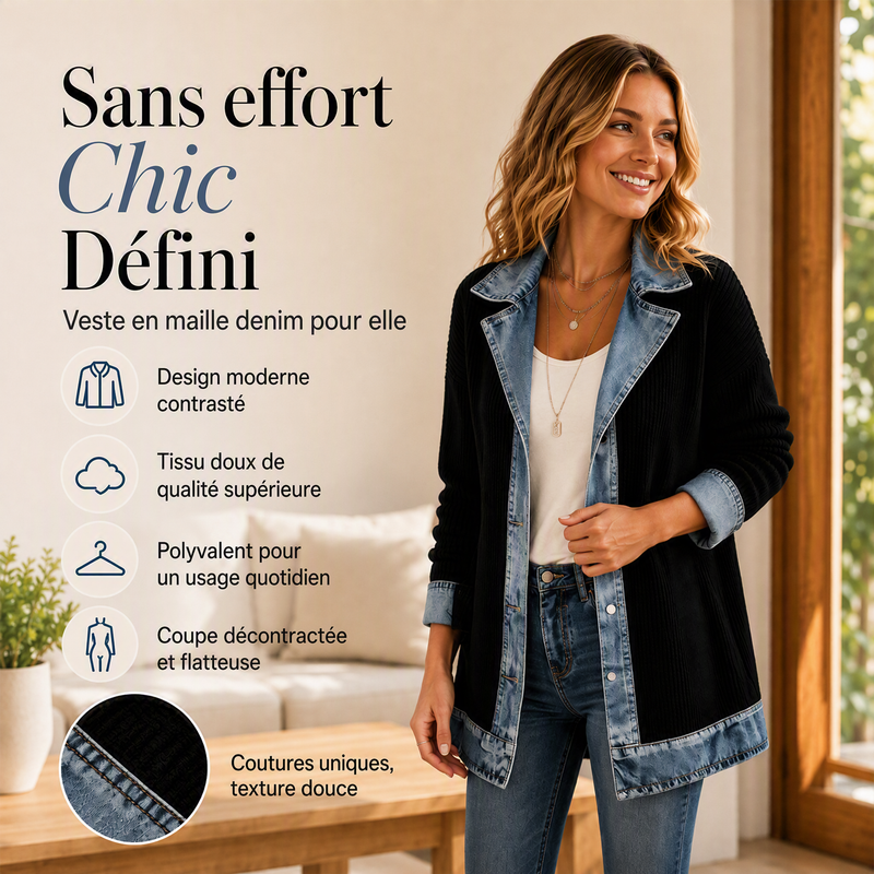 Camila | Abrigo Elegante de Punto Acanalado con Detalles de Denim