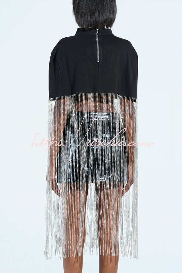 New Level Shiny Tassel Stand Neck Crop Cape Blouse (Shipped Within 24 Hours)