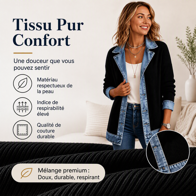 Camila | Abrigo Elegante de Punto Acanalado con Detalles de Denim