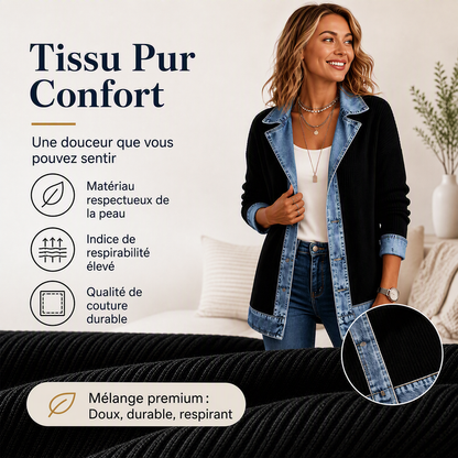 Camila | Abrigo Elegante de Punto Acanalado con Detalles de Denim