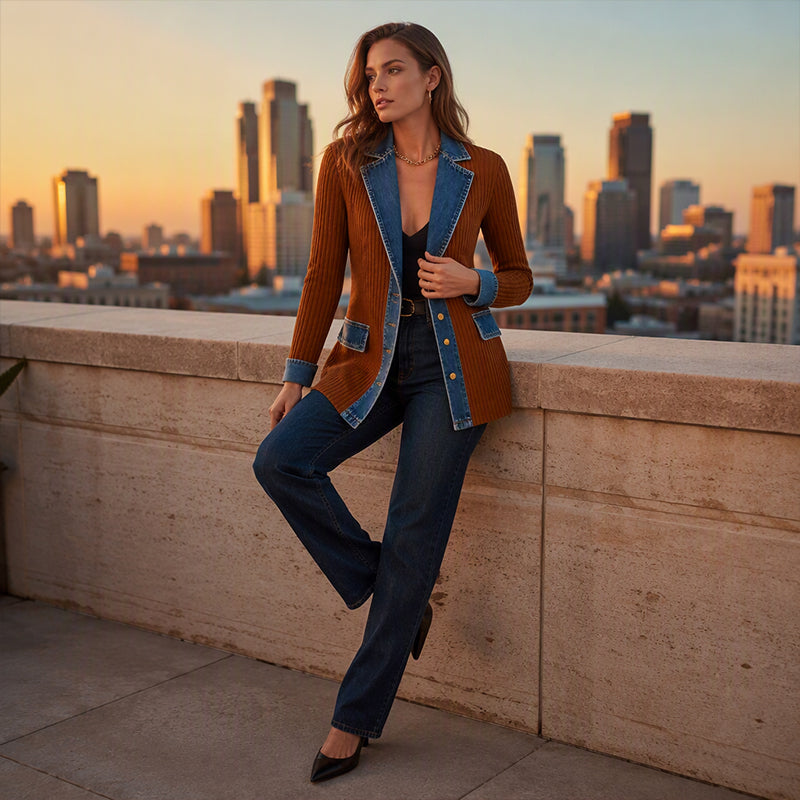 Camila | Abrigo Elegante de Punto Acanalado con Detalles de Denim