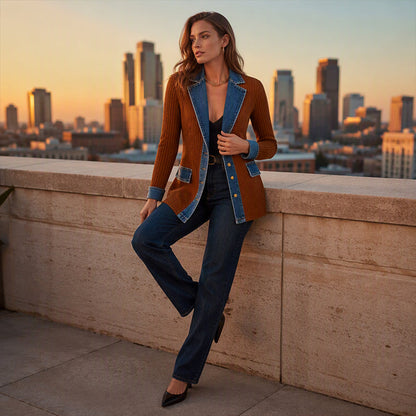 Camila | Abrigo Elegante de Punto Acanalado con Detalles de Denim