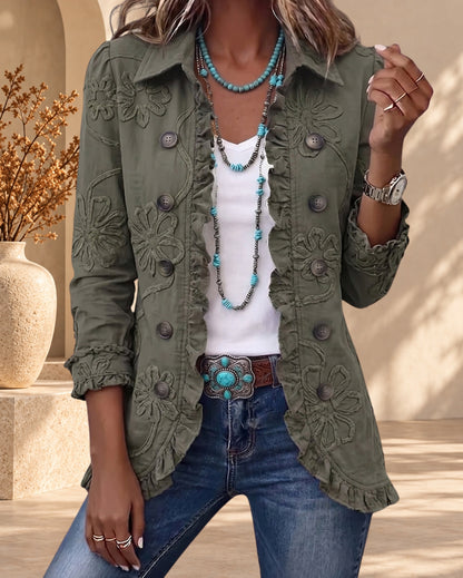 Alessandra | Chaqueta Bohemia Bordada con Flores y Volantes Verde Retro