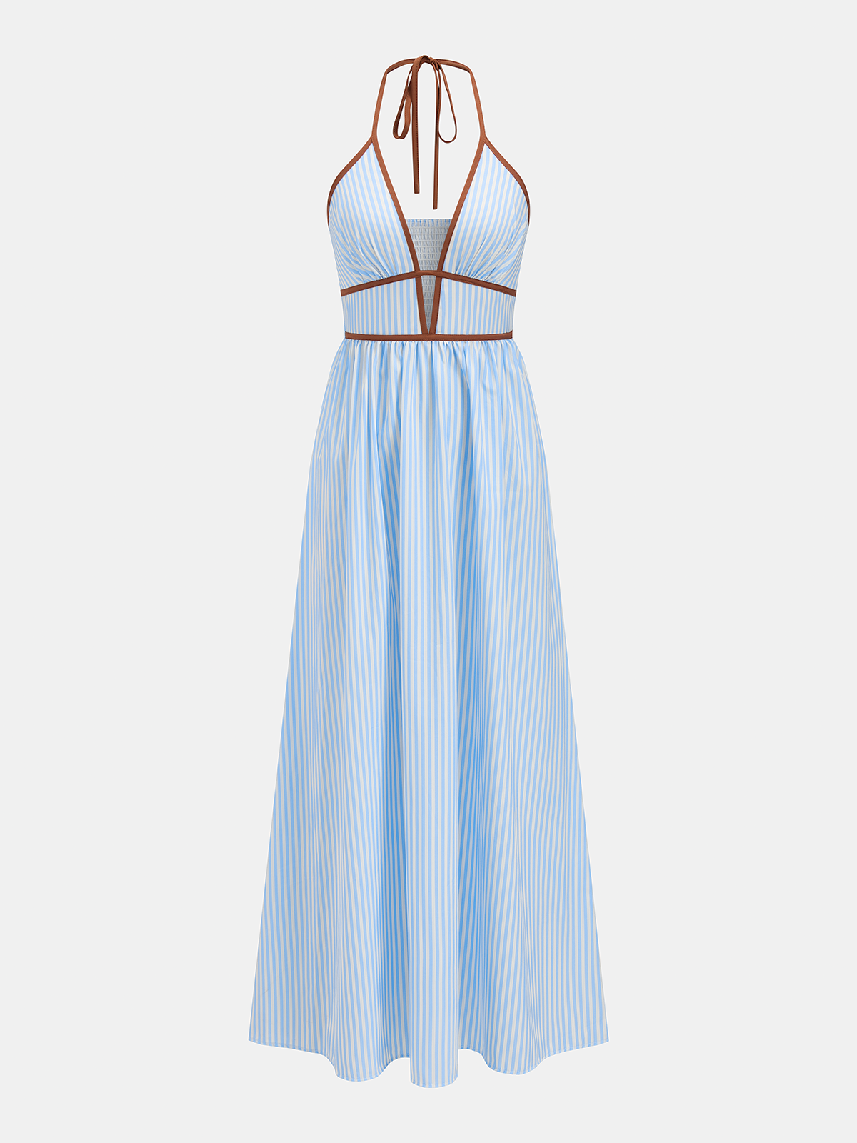 Deep V Neck Halter Striped Midi Dress