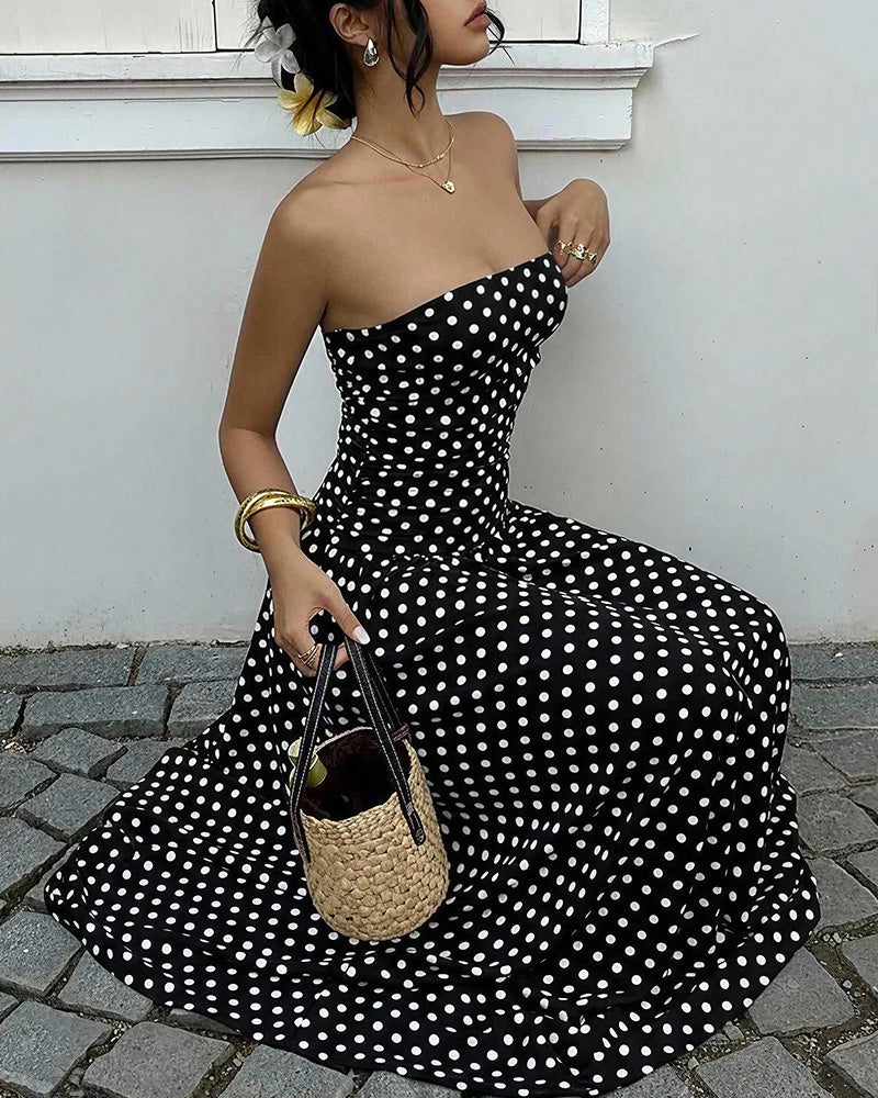 Curvvvy™ Vintage Polka Dot Strapless Ruffle Maxi Dress