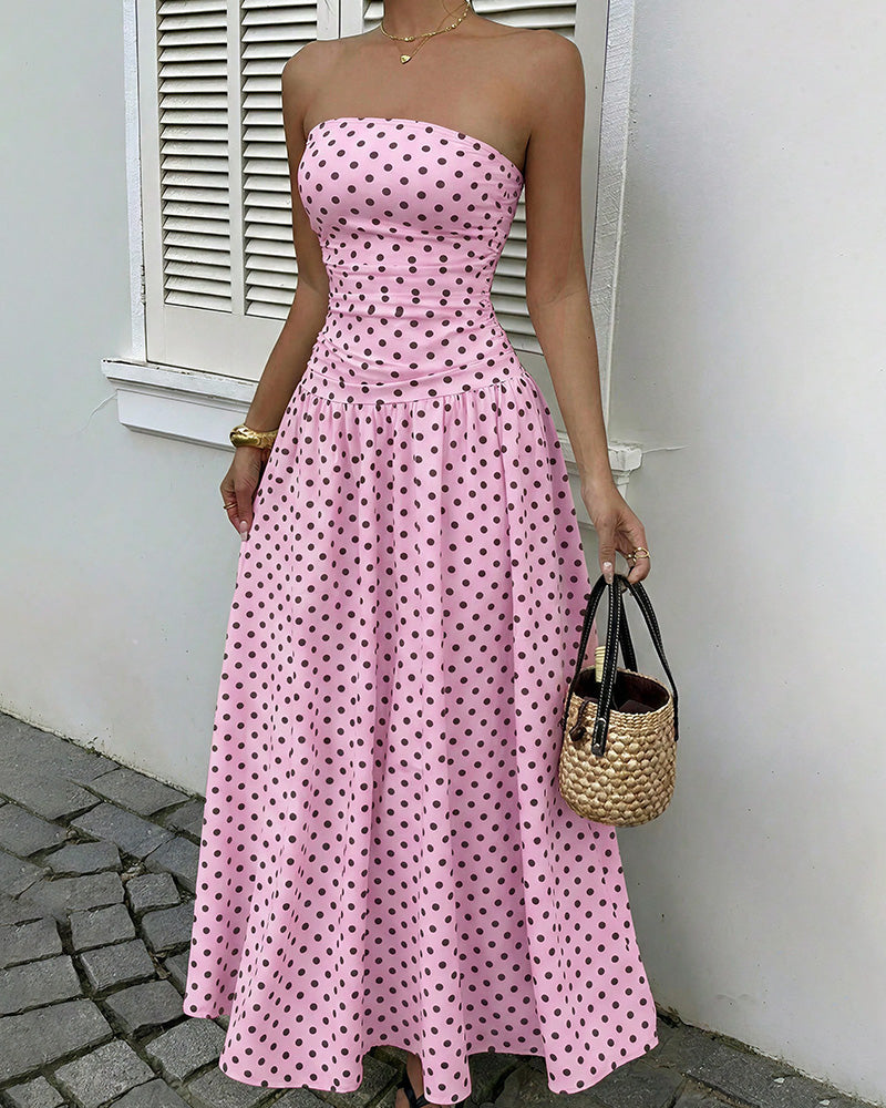 Curvvvy™ Vintage Polka Dot Strapless Ruffle Maxi Dress