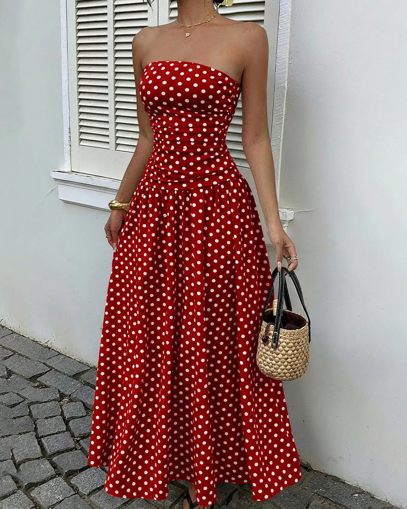 Curvvvy™ Vintage Polka Dot Strapless Ruffle Maxi Dress