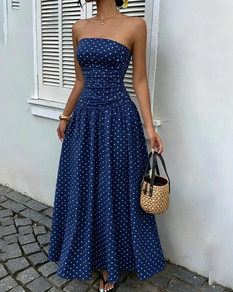 Curvvvy™ Vintage Polka Dot Strapless Ruffle Maxi Dress