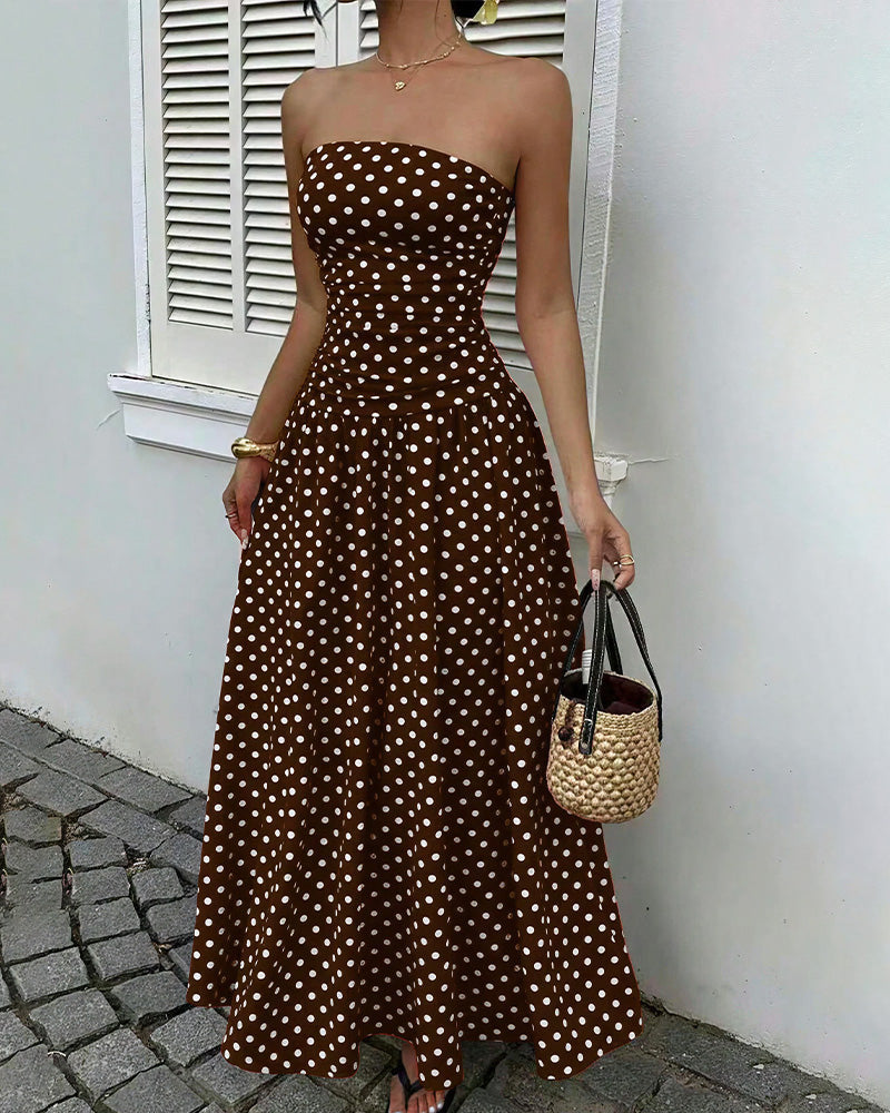Curvvvy™ Vintage Polka Dot Strapless Ruffle Maxi Dress