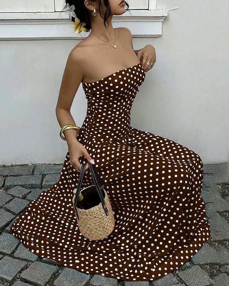 Curvvvy™ Vintage Polka Dot Strapless Ruffle Maxi Dress