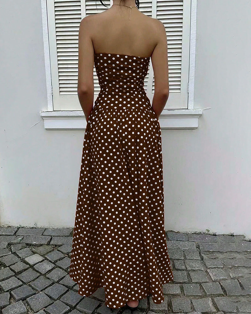Curvvvy™ Vintage Polka Dot Strapless Ruffle Maxi Dress