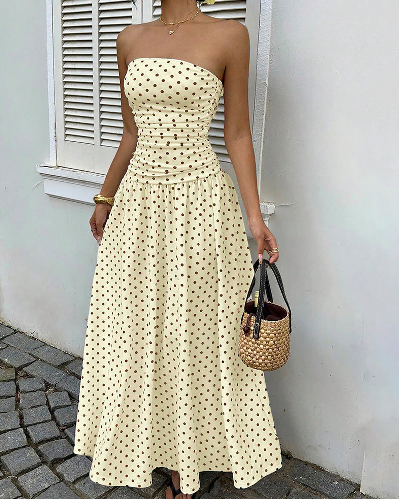 Curvvvy™ Vintage Polka Dot Strapless Ruffle Maxi Dress