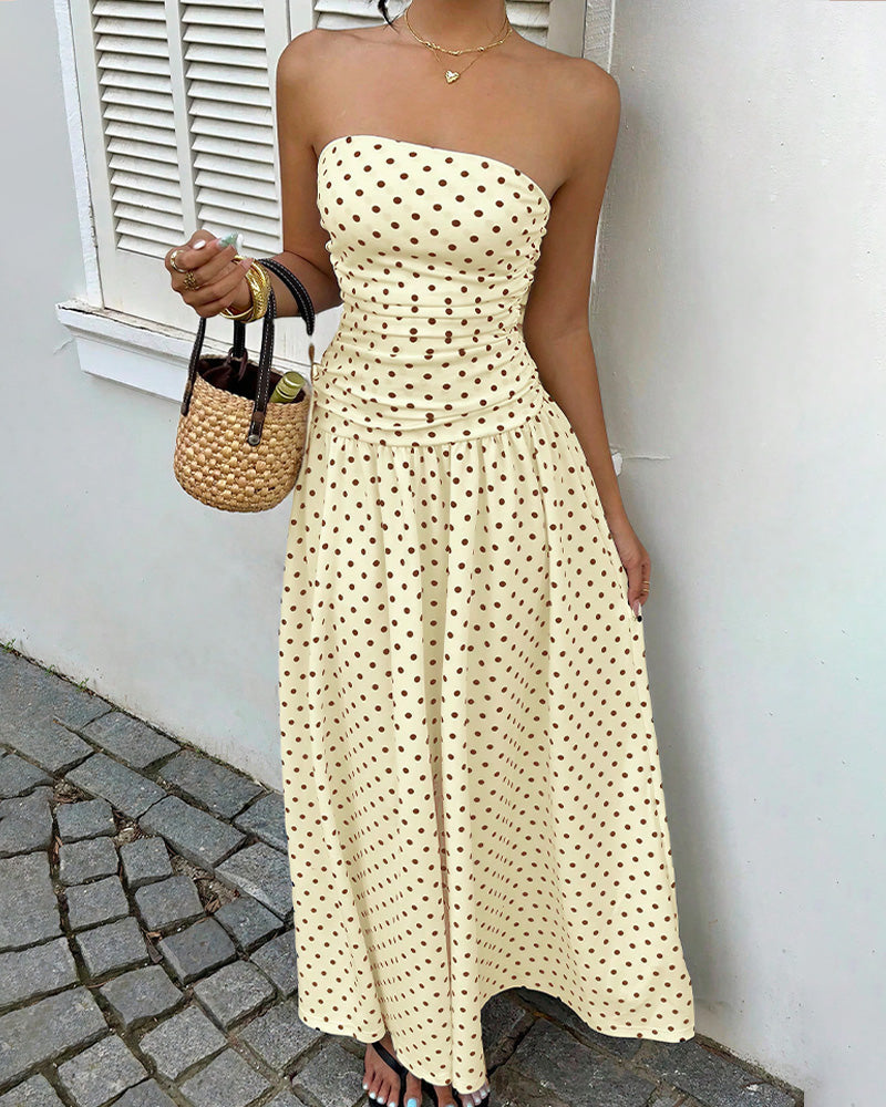 Curvvvy™ Vintage Polka Dot Strapless Ruffle Maxi Dress