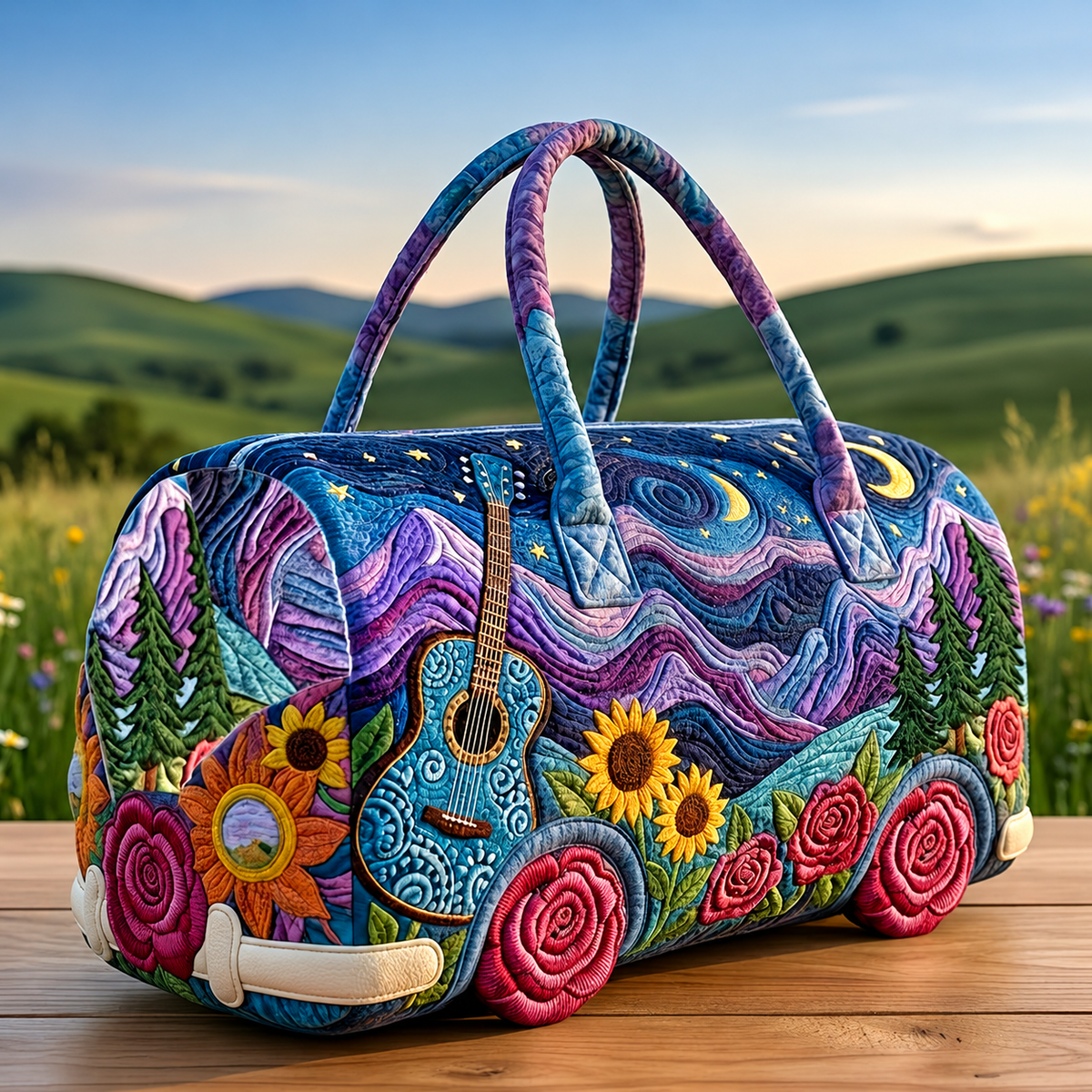 Serenata, bolsa de viaje furgoneta azul con guitarra