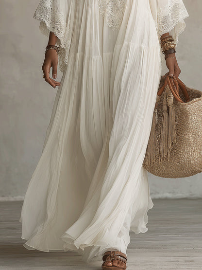 Adelaida | Vestido largo de gasa color marfil con mangas de murciélago y encaje blanco