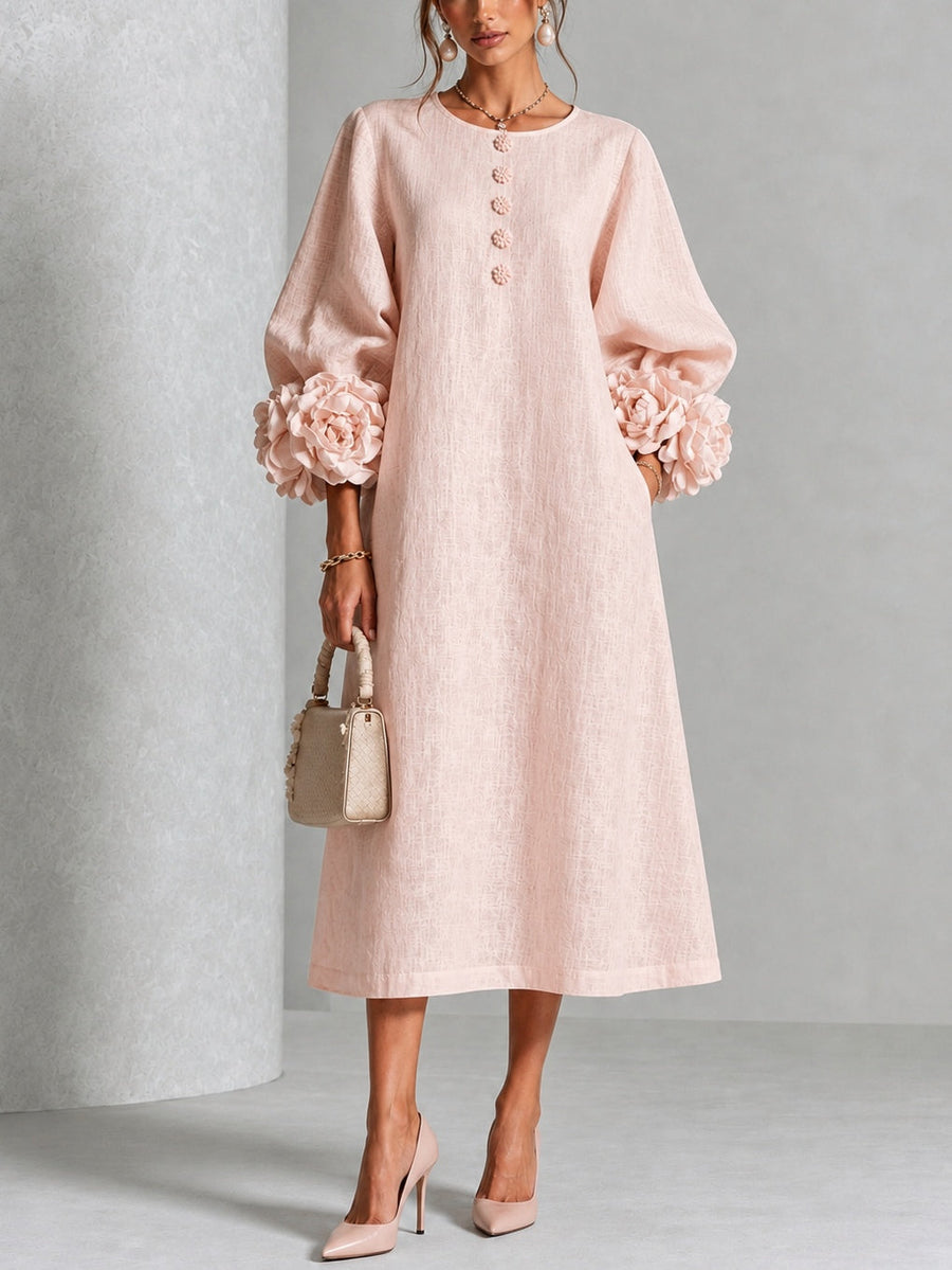 Rosine - Vestido Midi Abotonado con Estampado Floral Rosa y Espectaculares Puños Florales