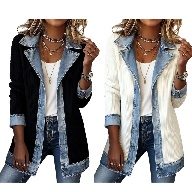 Camila | Abrigo Elegante de Punto Acanalado con Detalles de Denim
