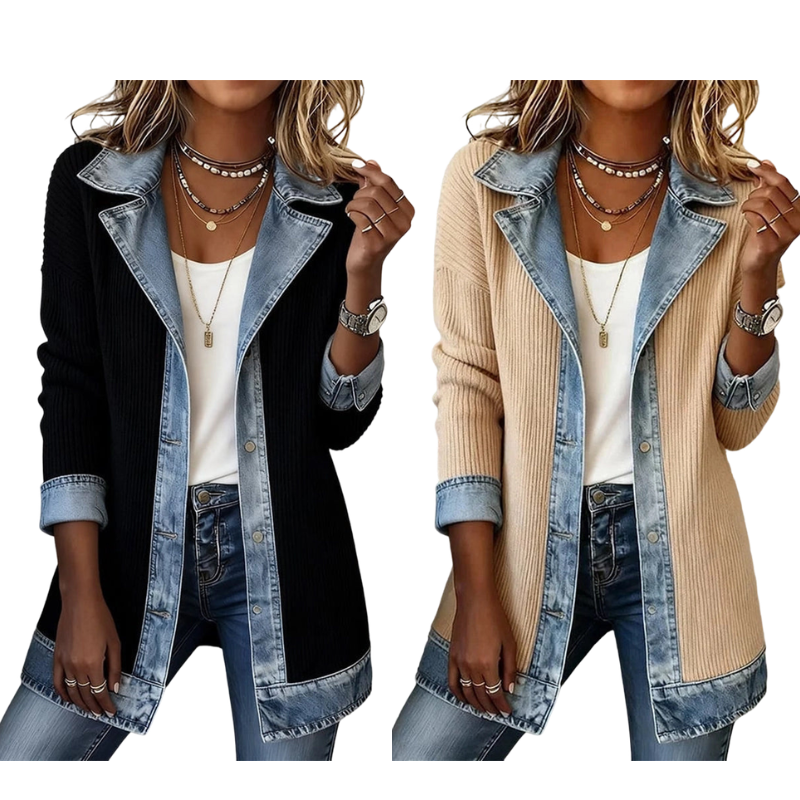 Camila | Abrigo Elegante de Punto Acanalado con Detalles de Denim