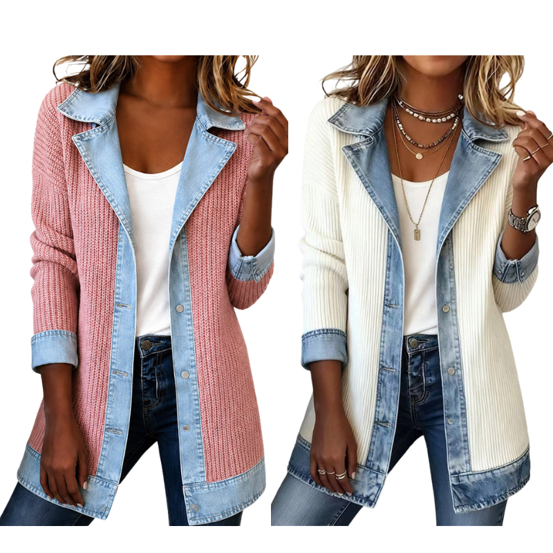 Camila | Abrigo Elegante de Punto Acanalado con Detalles de Denim