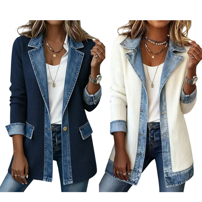 Camila | Abrigo Elegante de Punto Acanalado con Detalles de Denim