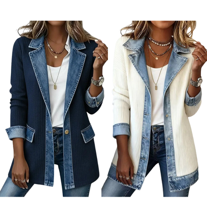 Camila | Abrigo Elegante de Punto Acanalado con Detalles de Denim