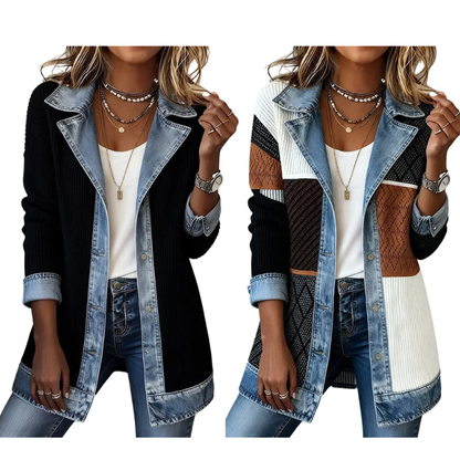 Camila | Abrigo Elegante de Punto Acanalado con Detalles de Denim