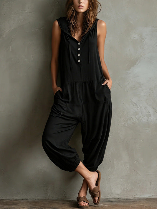 Milena | Mono negro sin mangas con capucha y pantalón fluido