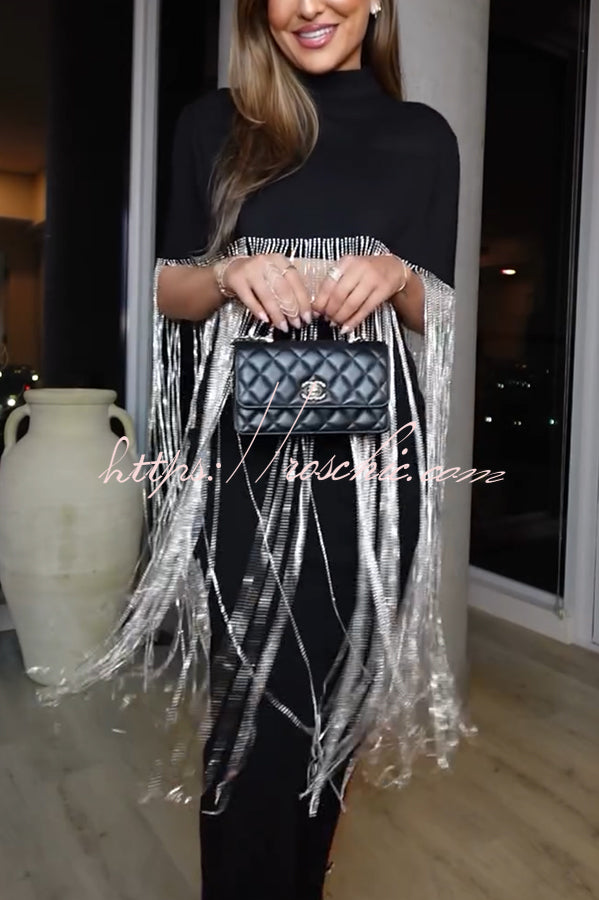 New Level Shiny Tassel Stand Neck Crop Cape Blouse (Shipped Within 24 Hours)