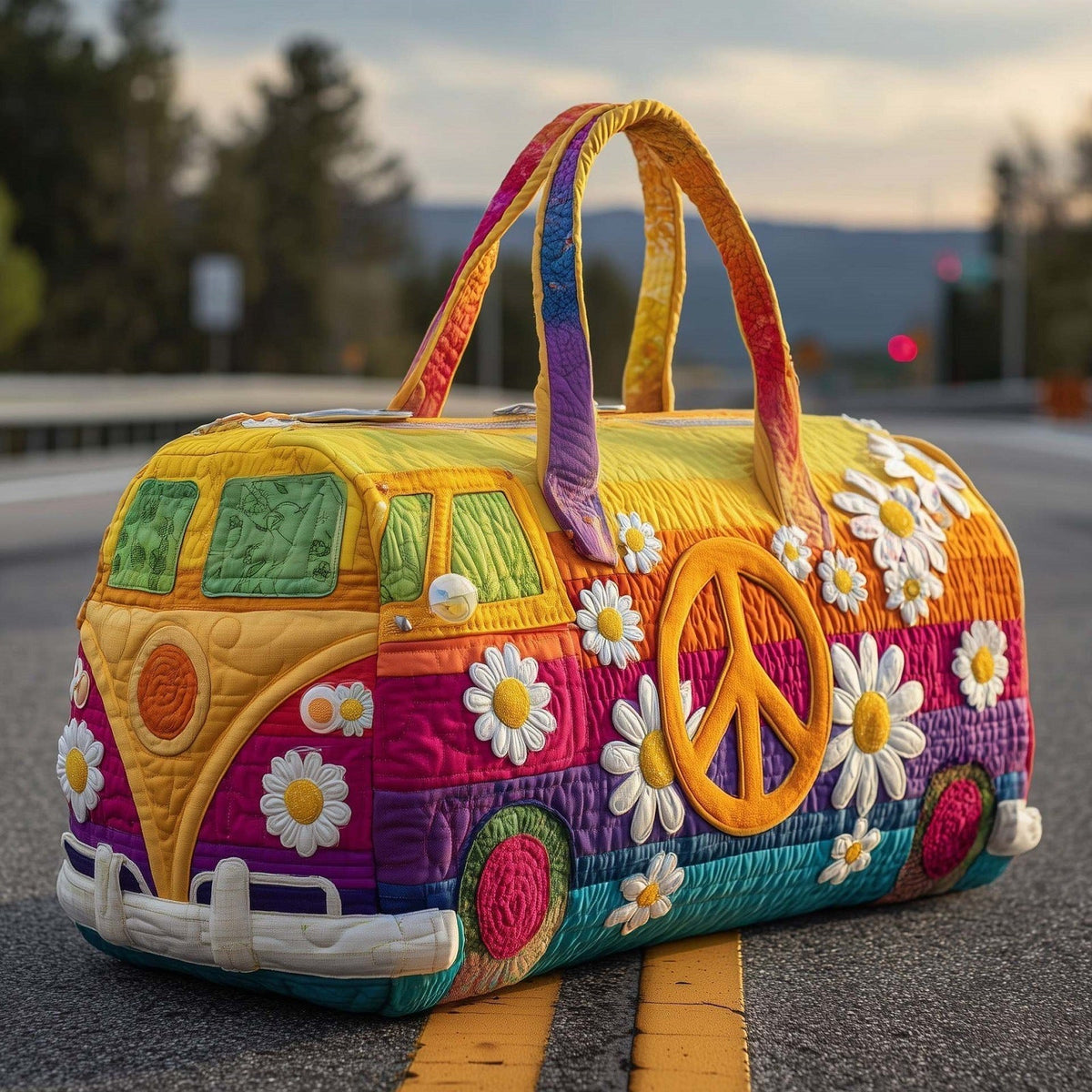 Margarita, bolsa de viaje furgoneta amarilla con margaritas