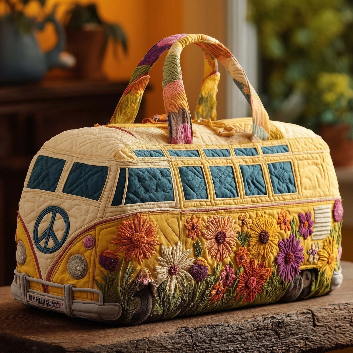 Jardín, bolsa de viaje furgoneta crema con flores silvestres