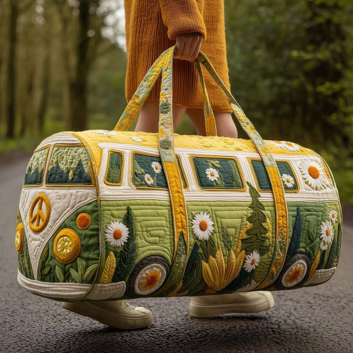 Pradera, bolsa de viaje furgoneta verde con margaritas