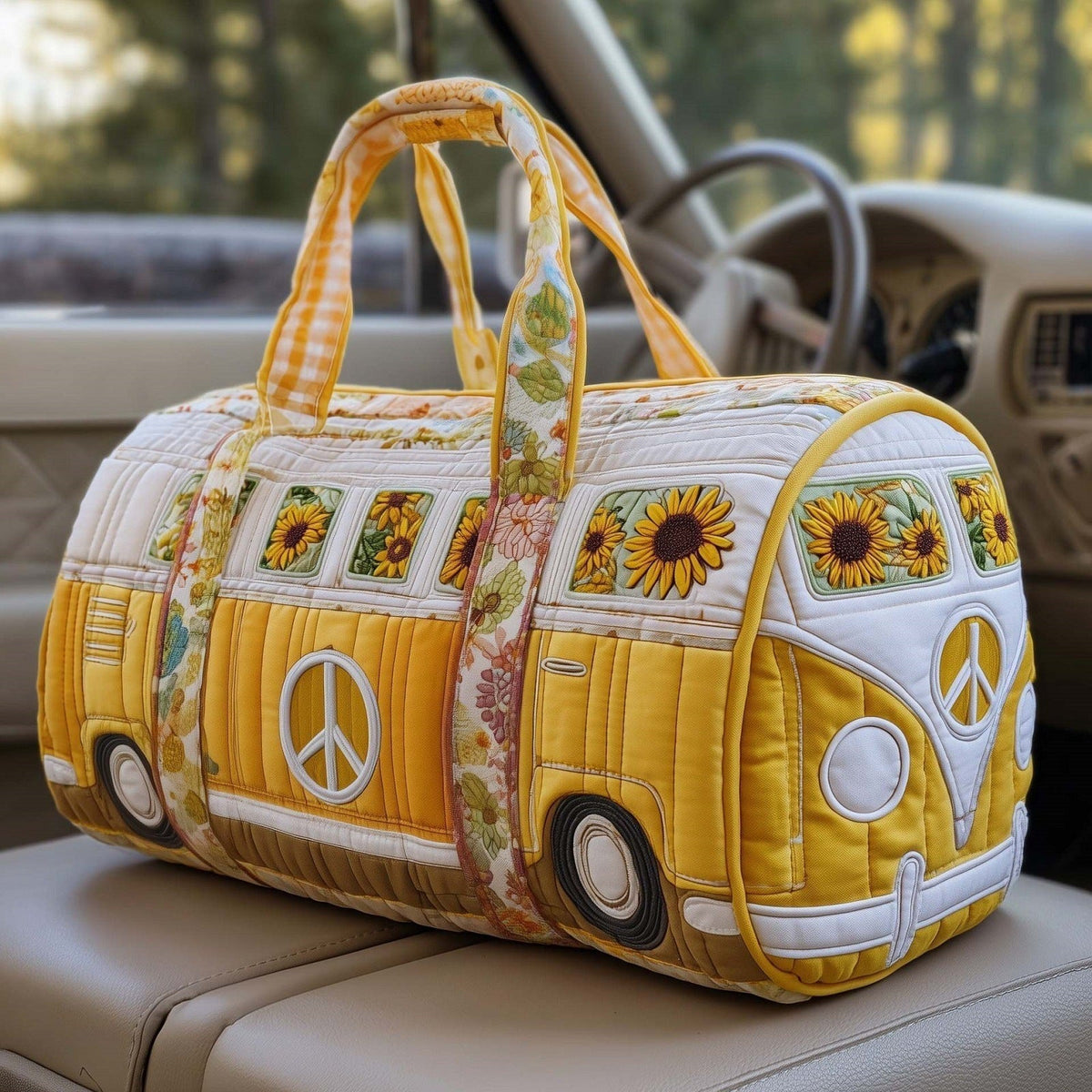 Girasol, bolsa de viaje furgoneta amarilla con girasoles