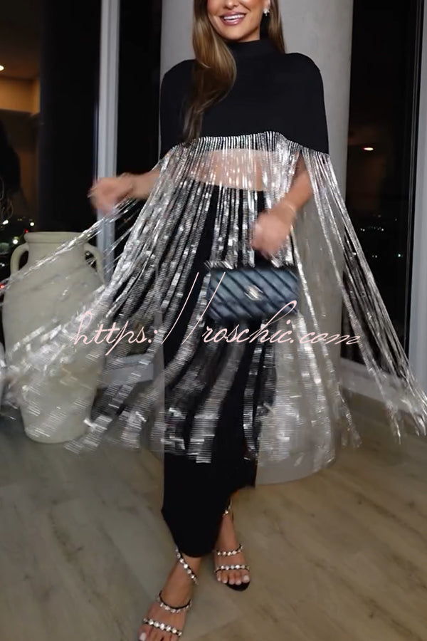 New Level Shiny Tassel Stand Neck Crop Cape Blouse (Shipped Within 24 Hours)