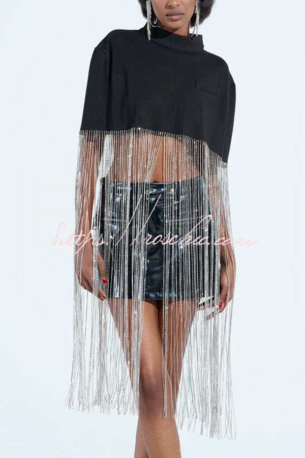 New Level Shiny Tassel Stand Neck Crop Cape Blouse (Shipped Within 24 Hours)