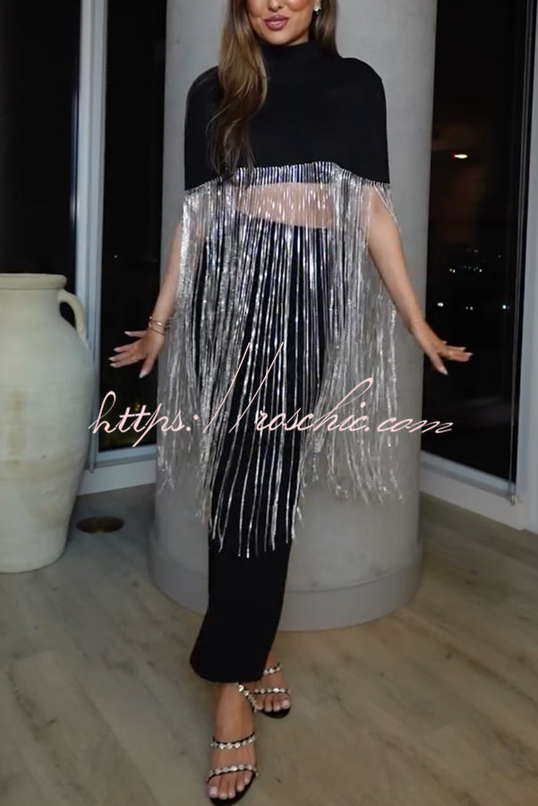 New Level Shiny Tassel Stand Neck Crop Cape Blouse (Shipped Within 24 Hours)