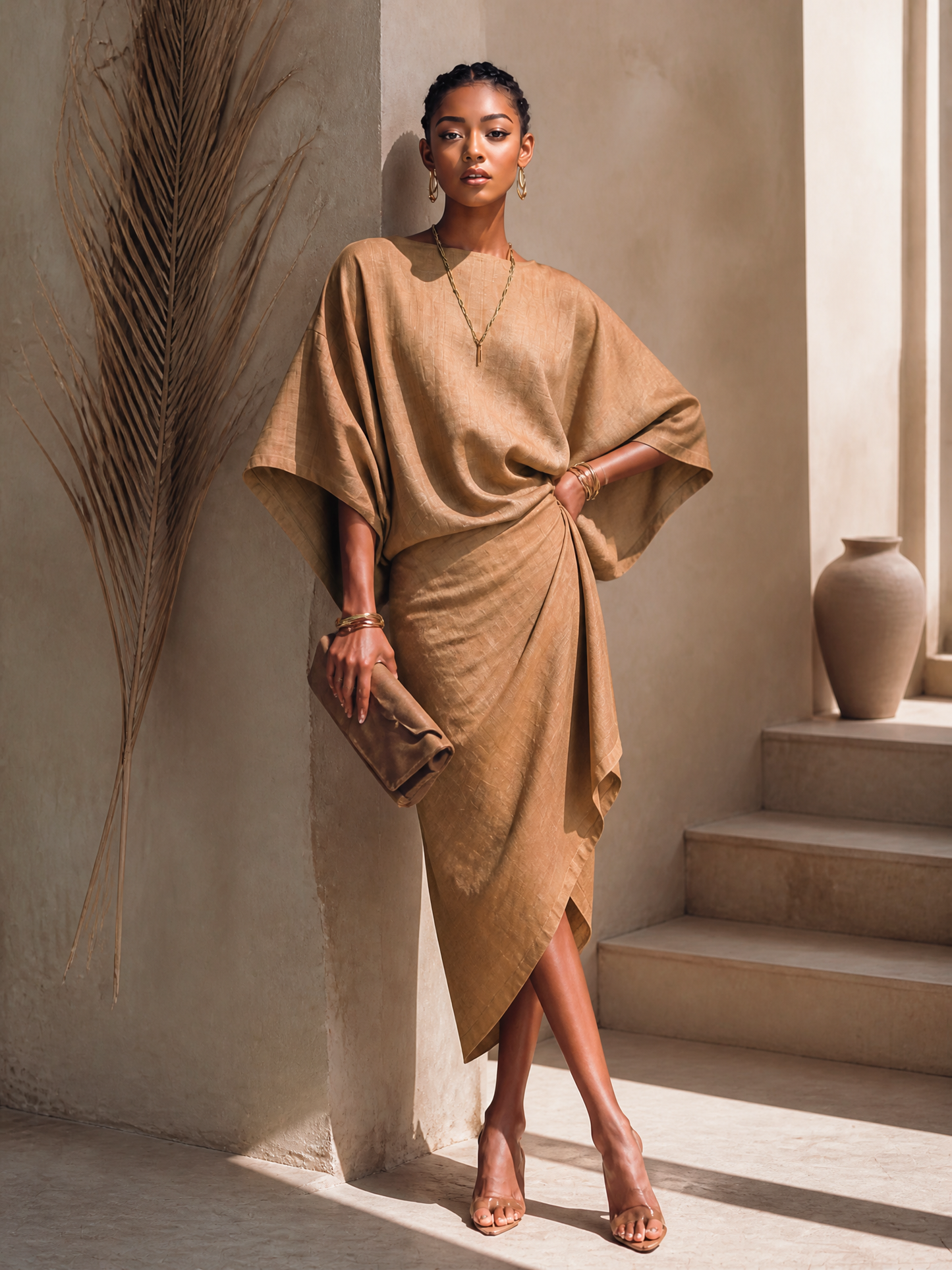 Women's Modern Minimalist Khaki Linen Blend Draped Asymmetric Short Sleeve Midi Dress MDZ0344G8GMJ