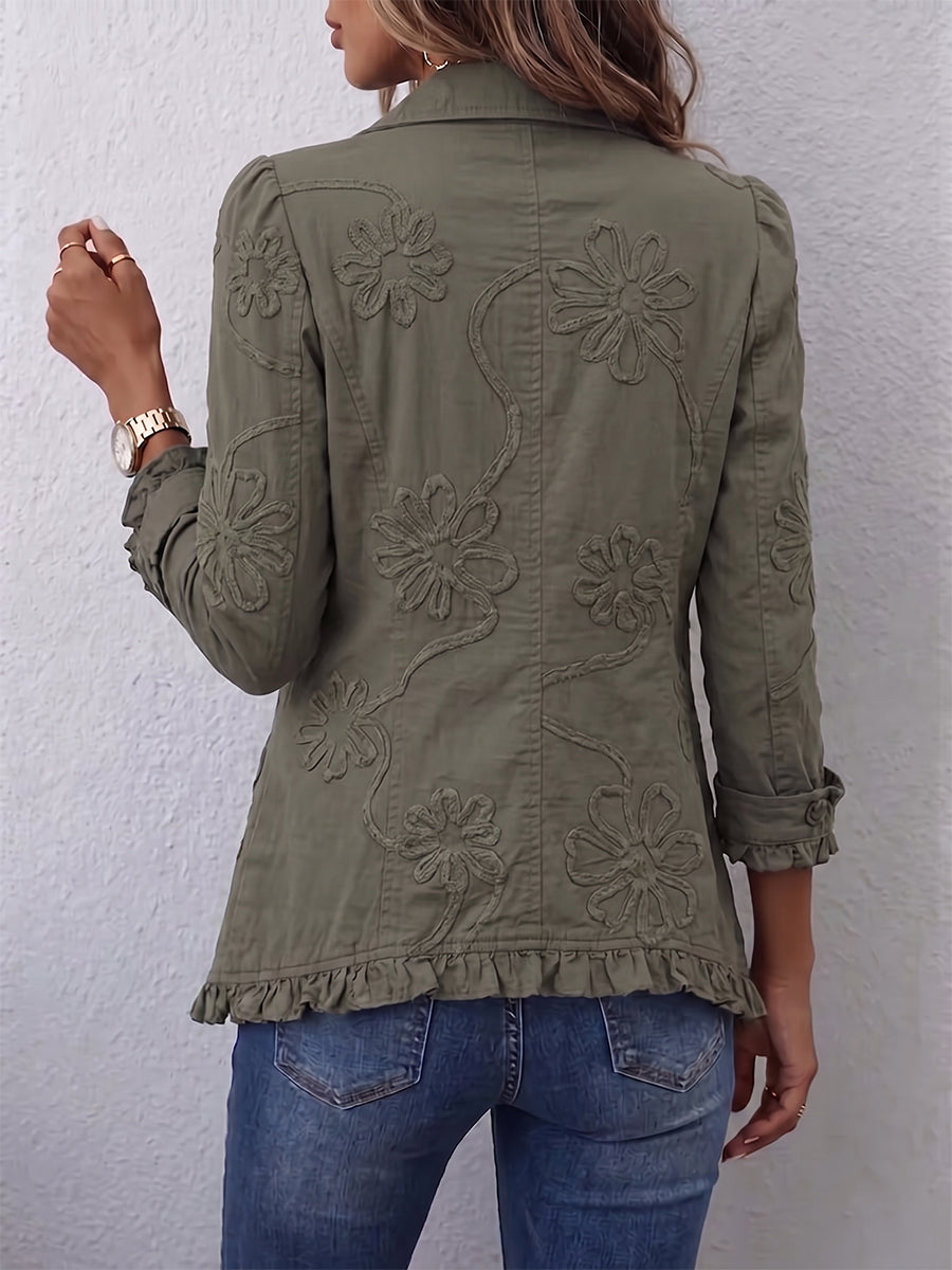 Alessandra | Chaqueta Bohemia Bordada con Flores y Volantes Verde Retro
