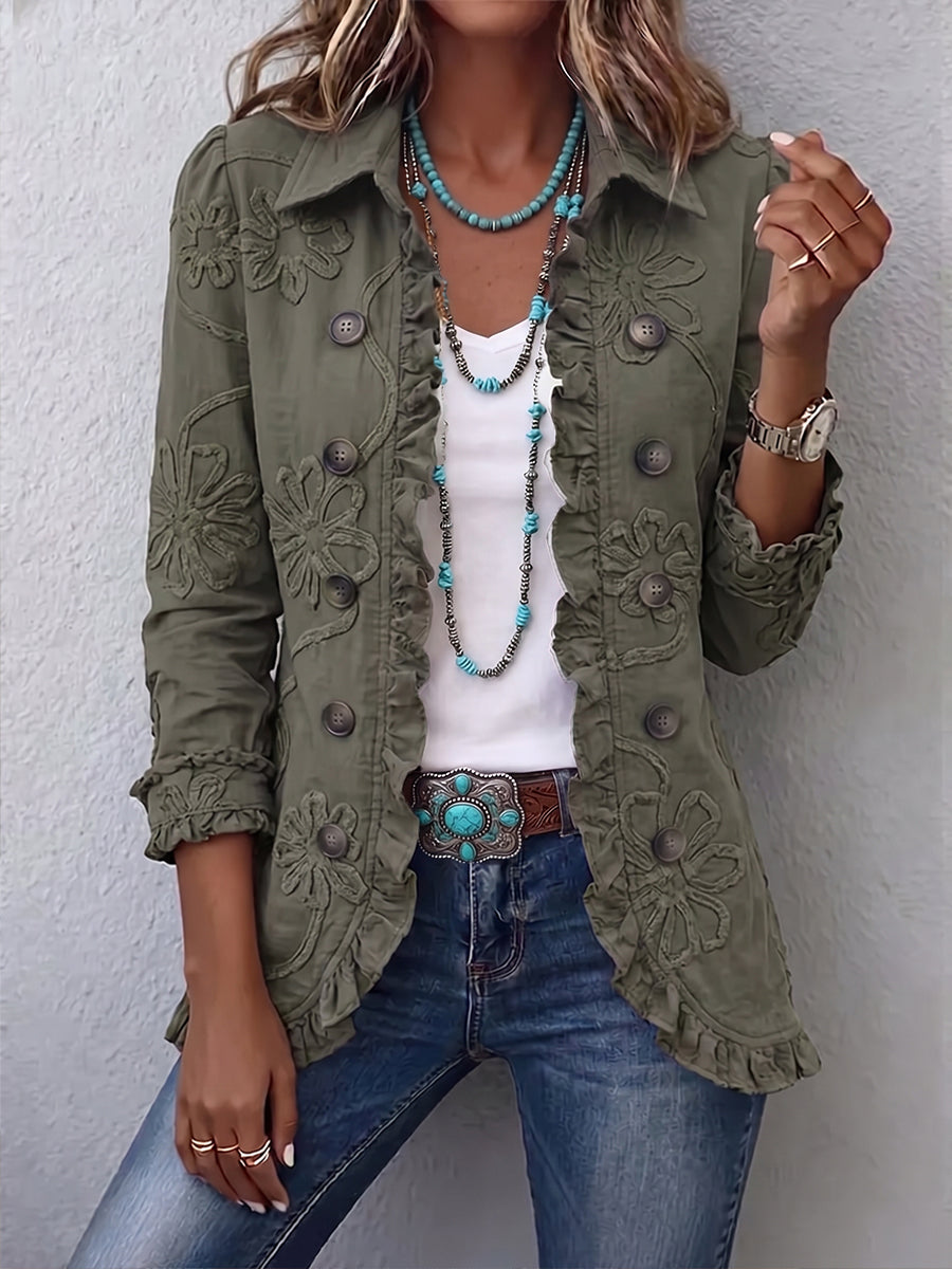 Alessandra | Chaqueta Bohemia Bordada con Flores y Volantes Verde Retro
