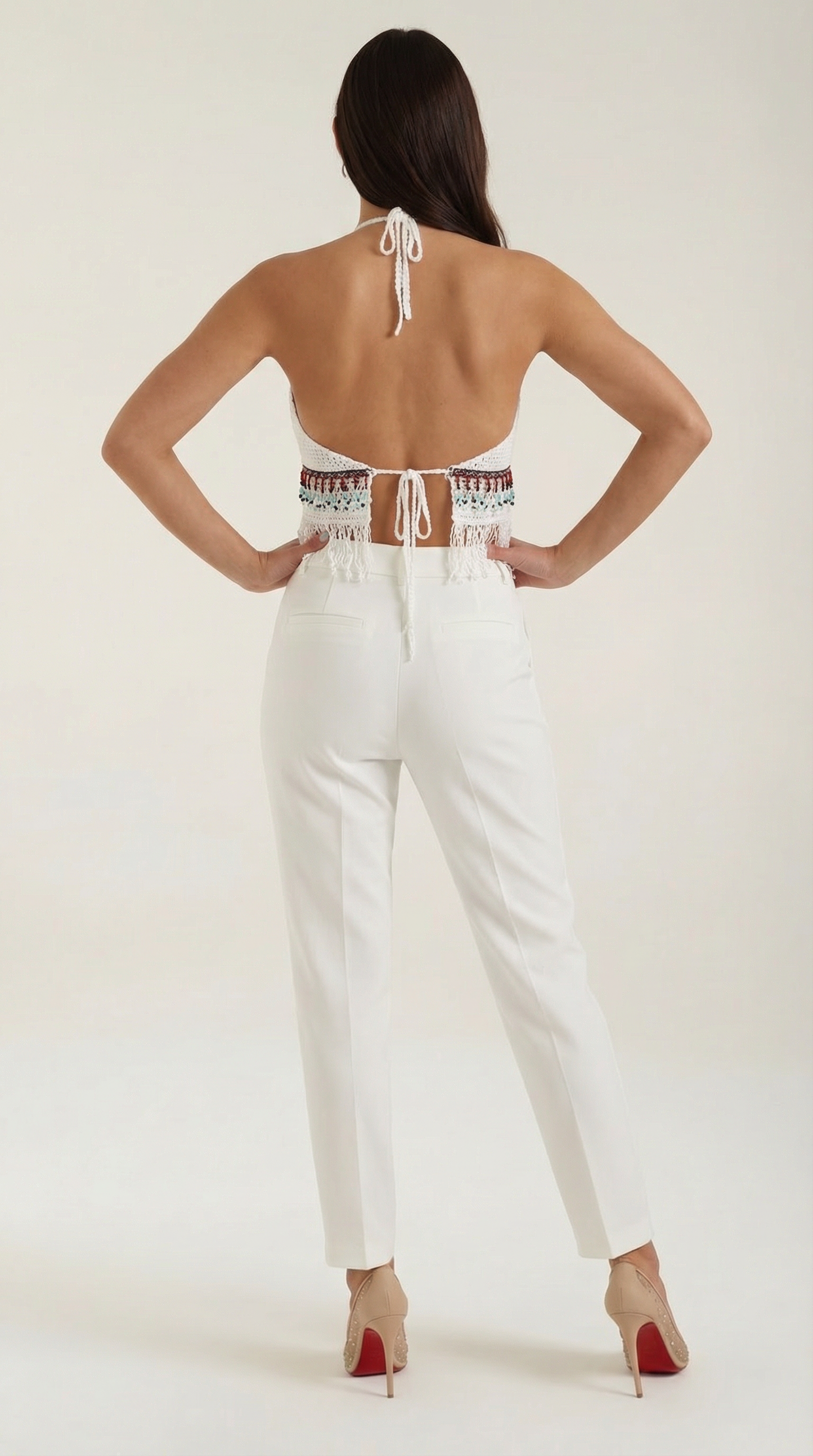 Elegante Halter de Ganchillo Celeste con Flecos