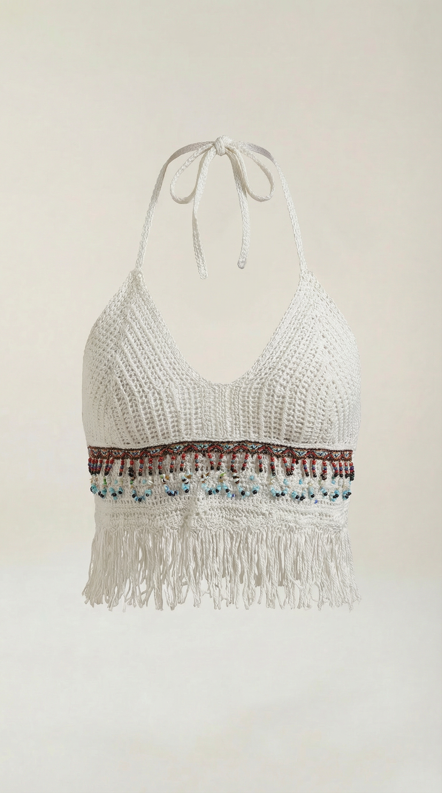 Elegante Halter de Ganchillo Celeste con Flecos