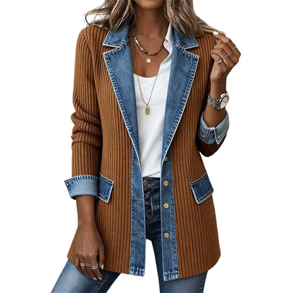 Camila | Abrigo Elegante de Punto Acanalado con Detalles de Denim