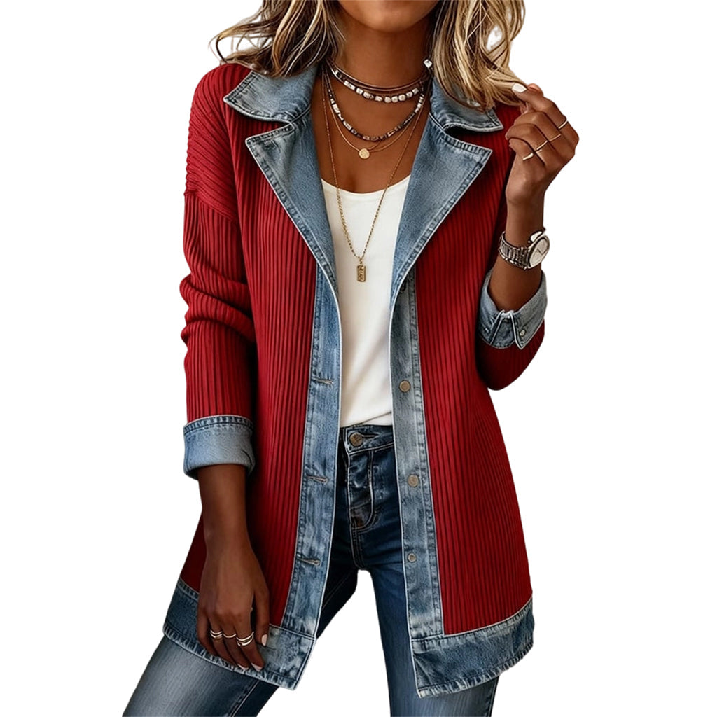 Camila | Abrigo Elegante de Punto Acanalado con Detalles de Denim