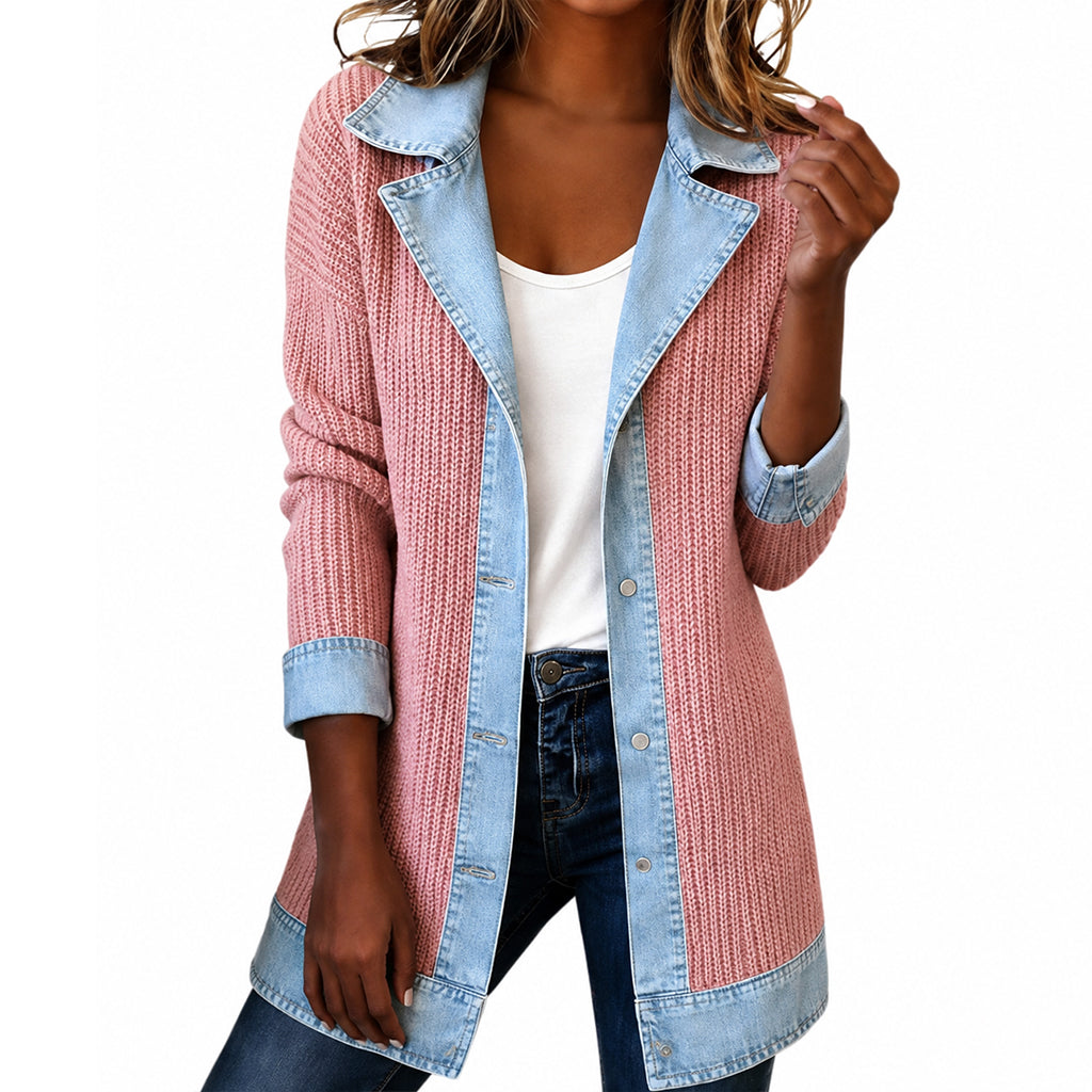 Camila | Abrigo Elegante de Punto Acanalado con Detalles de Denim